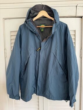 Cabelas Goretex Rain Jacket Mens L Blue Waterproof Outdoor Hiking Hood Full Zip